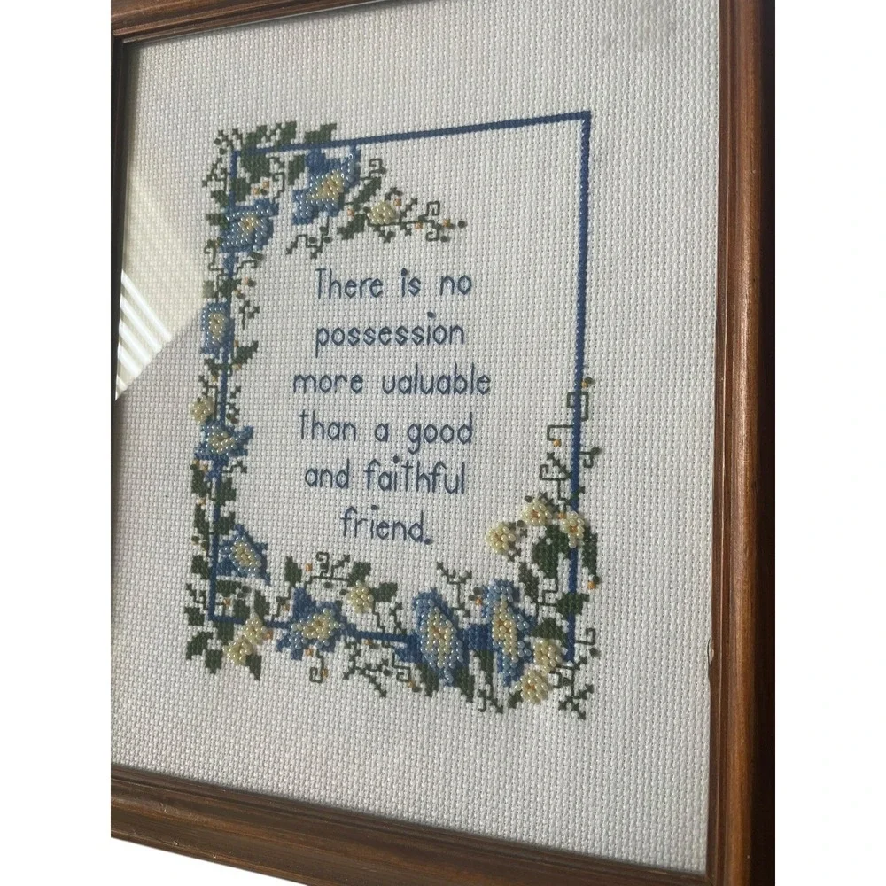 Vintage Framed‎ Beaded Cross Stitch Floral Friend Quote Cottagecore Decor